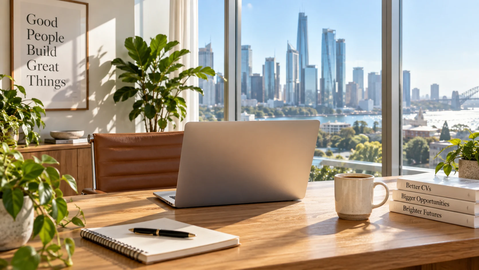 Sunlit desk with a laptop, plants and career books overlooking a city skyline