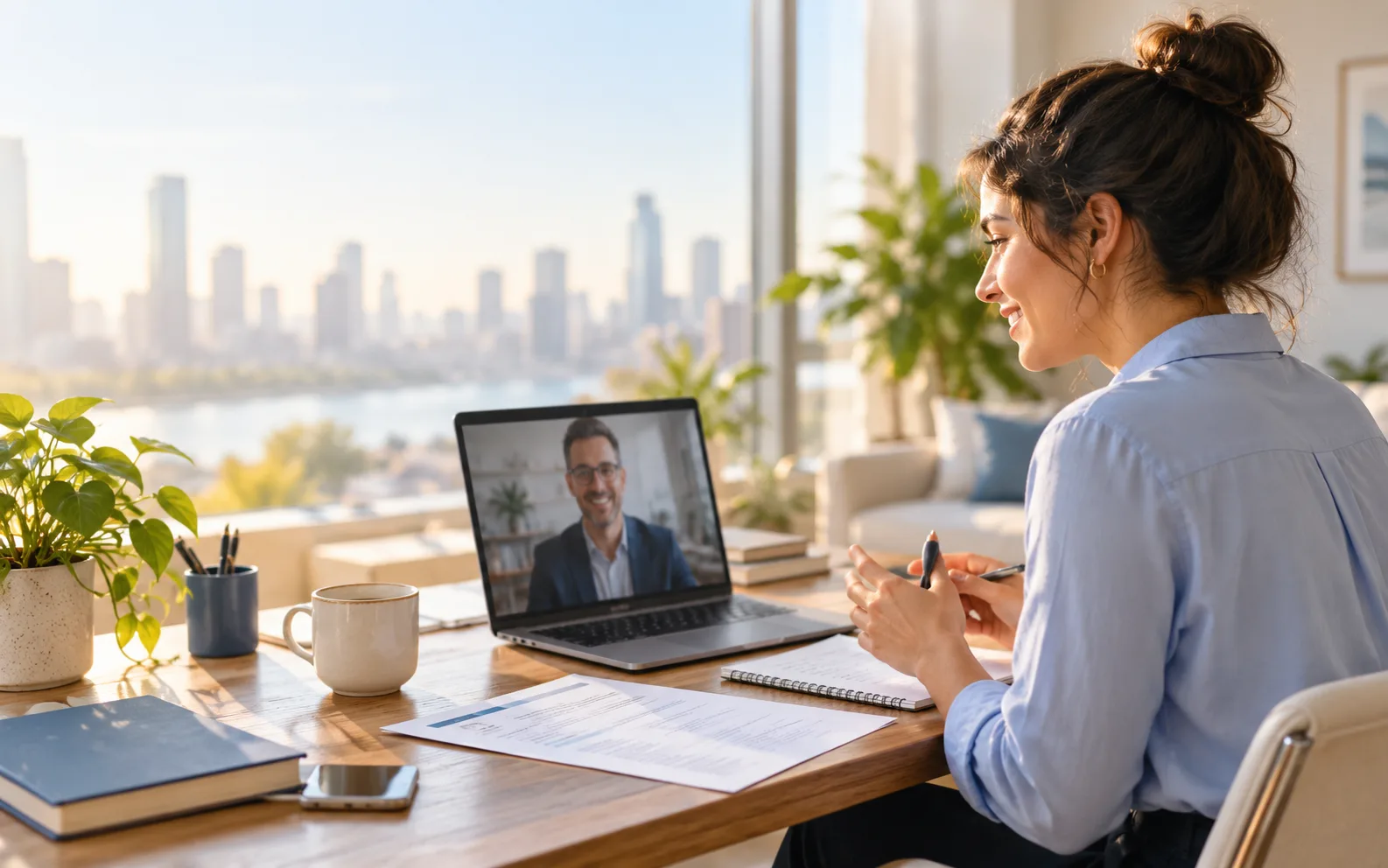 Professional preparing for a video interview at a sunlit desk with her CV and notes