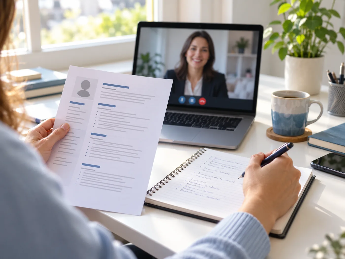 Candidate reviewing a CV and interview notes during a video conversation